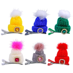 Set of 6 colorful mini knitted Christmas hat hair clips with pompons and rhinestones