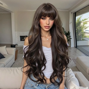 Detailed texture of long wavy brown wig with thick bangs on model in home setting