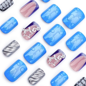 3D ocean blue ocean wave and pearly star design press-on nails set for women