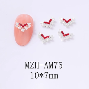 Silver alloy V-shaped crown nail charm with red rhinestones and white pearls