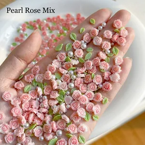 Mixed pink resin rose flower charms with white pearls for nail art and DIY jewelry