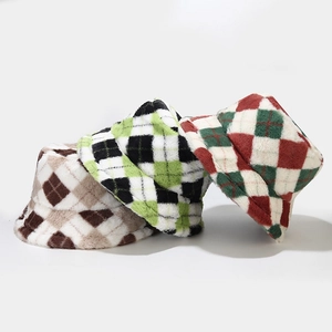 Thick checkered plush bucket hat for women in brown green and red warm winter faux fur headwear