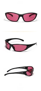 Detailed views of silver Y2K sports sunglasses with purple lenses and hollow temple design