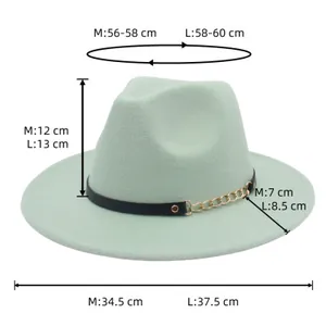 Detailed size chart for gentleman felt fedora showing crown height and brim width measurements