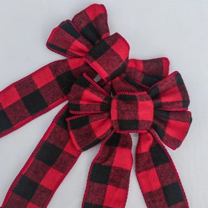 Red and black buffalo plaid Christmas bows for tree topper and gift box decoration