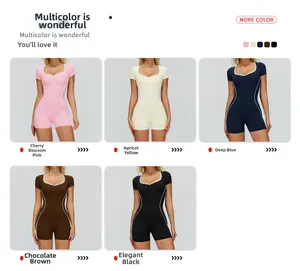 Collage showing five colors of athletic bodysuits with contrast trim and slim fit design