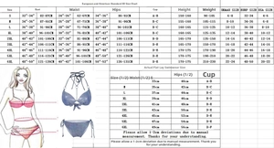 Size chart for sexy bikini set with measurements for bust waist and hips from S to 6XL