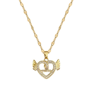 Golden heart wing pendant necklace with MAMA engraving and sparkling crystals