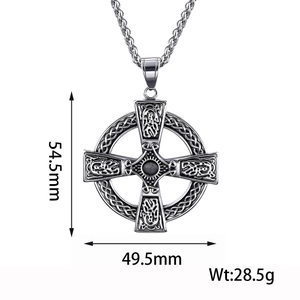 Detailed size chart of Celtic cross pendant showing 54.5mm height and 28.5g weight