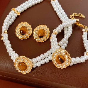 Gioielli In Künstliche Perle Vintage Con Fiore Occhio Di Tigre Lega Strass Collana Bracciale E Orecchini Con Perno In Argento