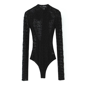 Women Black Lace Bodysuit And Mini Skirt Floral See Through Long Sleeve High Neck Back Bow Satin Elegant Sexy Outfit