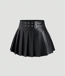 Detail of high waist black PU leather pleated mini skirt with double eyelet belts
