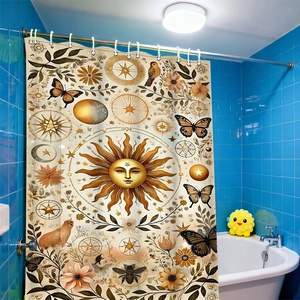 Waterproof polyester shower curtain featuring vintage sun and butterfly floral pattern print