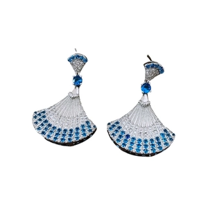 Elegant fan-shaped silver drop earrings with blue and white zircon stones in a vintage style