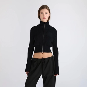 Slim fit black ribbed knit sweater with full zipper and stand collar for women