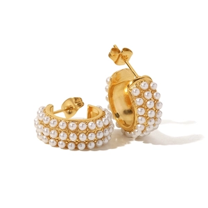 18K gold-plated stainless steel C-shape earrings featuring triple rows of white pearls