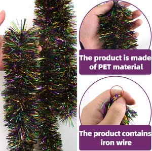 Detail of PET tinsel garland in purple gold and green with flexible inner wire core