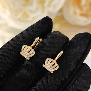 Luxury crown-shaped lever back hoop earrings with gold plating and cubic zirconia stones