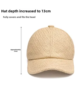 Detail of straw baseball cap showing 13cm depth design and woven texture