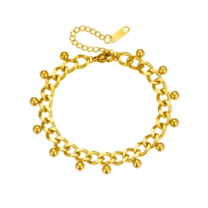 Polished gold cuban chain bracelet with multiple metallic ball charms in stainless steel