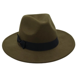 Detail of wool fedora hat with elegant black grosgrain ribbon and bow decoration