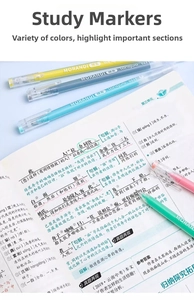 Detailed view of Morandi color gel pens marking text on study notes and exercises