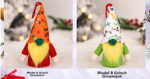 Detail of two festive Grinch plush ornaments with knitted bodies and hanging loops
