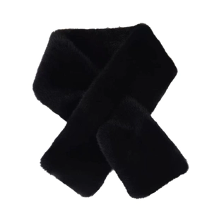 Minimalist black faux mink fur scarf with a soft warm cross-loop design on white background