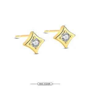 S925 Sterling Silver Star Stud Earrings For Women Minimalist Four Pointed Star Rhinestone Tiny Gold Silver Ear Studs Jewelry