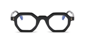 Front view of black octagonal thick frame sunglasses with geometric silhouette