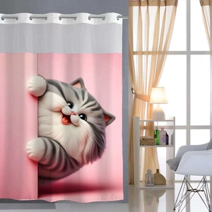 Pink waffle weave shower curtain featuring a cute 3D cartoon cat peering from behind