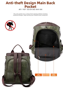 Detail view of anti-theft zipper on the back of the vintage PU leather backpack for women