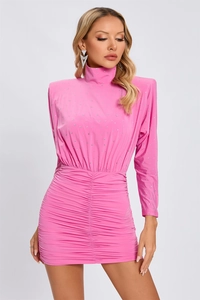Detail of pink rhinestone mini dress featuring pleated fabric and sparkling crystal accents