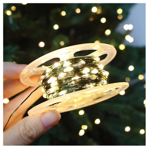 Detail of warm white LED fairy lights on green wire wound around a transparent spool