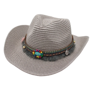 Bohemian Western cowboy straw hat with colorful ethnic beads and turquoise stone