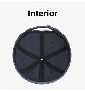 Internal view of navy denim docker hat featuring reinforced stitching and sweatband detail