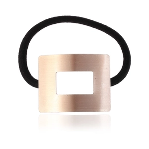 Brushed rose gold rectangular cutout hair tie with black elastic band on white background