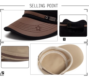 Detail of military flat cap featuring leather brim, star stitching and metal buckle