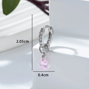 Silver zircon hoop earrings with pink heart pendant and 2.05cm length measurement