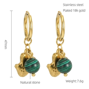 Detailed view of 18k gold plated Hamsa hand earrings with natural turquoise beads