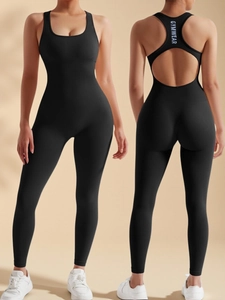 Combinaison de yoga sans couture dos croisé noir avec logo GYMWEAR pour fitness