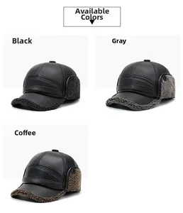 Three colors of men's leather baseball caps with warm faux fur ear flaps and lining