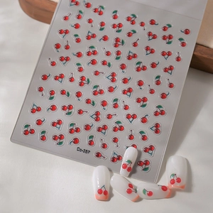 Autocollants 3D cerise pour ongles avec texture gelée rouge et feuilles sur manucure