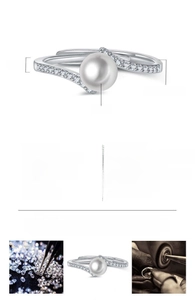 Close-up of adjustable silver pearl ring with sparkling pavé stones and dimensions.