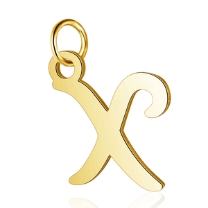 Close-up of golden stainless steel hollow letter X pendant with polished finish and top ring