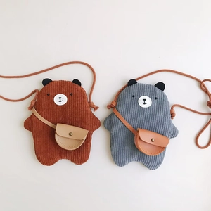 Kids corduroy crossbody bag with cute bear face embroidery in brown and grey colors