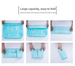 Six-step guide showing how to fold the light blue waterproof nylon travel storage bag