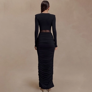 Robe longue noire sexy à manches longues, col en V profond, taille résille et fronces