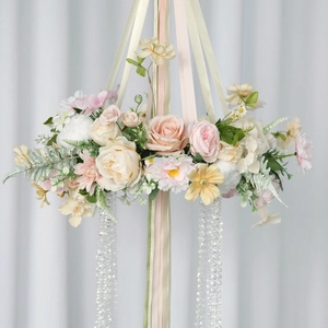 Artificial Rose Peony Hanging Floral Ornament With Satin Ribbons And Crystal Beads For Wedding Party Home Decoration
