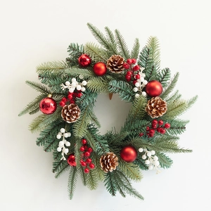 Premium 40cm Christmas PE wreath with pine cones and red berries on white background